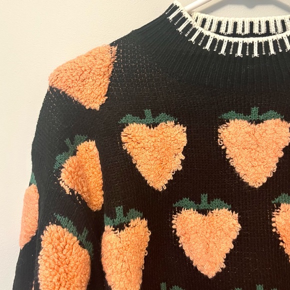 navy blue fruit knit sweater with pink fluffy peaches 🍑 - Picture 4 of 9